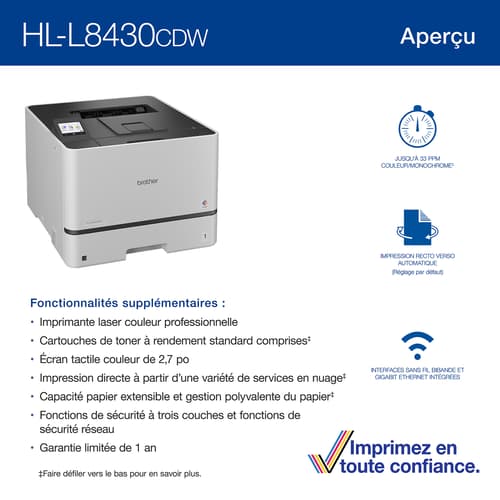 Brother HL-L8430CDW Imprimante laser couleur professionnelle économique avec capacités sans fil