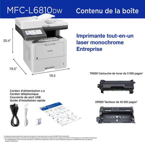 Brother MFC-L6810DW imprimante tout-en-un laser monochrome Entreprise offrant un faible coût d’impression et une grande capacité papier, avec réseautage sans fil, fonctions de sécurité avancées et copie et numérisation recto verso