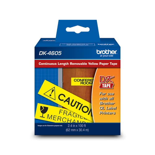 Brother DK4605 Ruban de papier continu décollable jaune avec texte noir - 2,4 po x 100 pi (62 mm x 30,4 m)