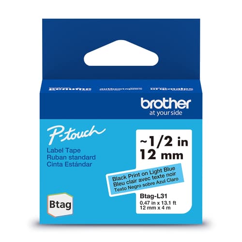 Brother BTAGL31 Ruban non laminé bleu pâle avec texte noir authentique pour étiqueteuse P-touch, 12 mm (L) x 4 m (l)