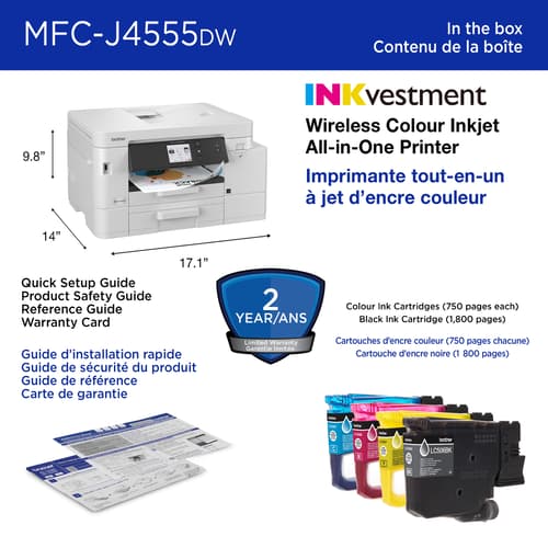 Brother MFC-J4555DW Imprimante tout-en-un à jet d’encre couleur sans fil INKvestment Tank avec écran couleur de 2,7 po et bacs à papier