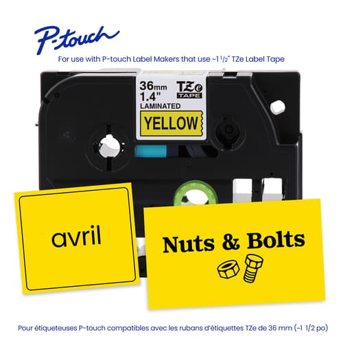 Brother TZe-661G Ruban laminé jaune avec texte noir authentique pour étiqueteuse P-touch, 36 mm (L) x 8 m (l)