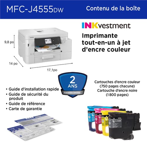 Brother MFC-J4555DW Imprimante tout-en-un à jet d’encre couleur sans fil INKvestment Tank avec écran couleur de 2,7 po et bacs à papier