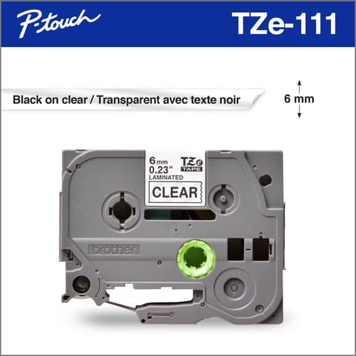 Brother TZe111 Ruban laminé transparent avec texte noir authentique pour étiqueteuses P-touch, 6 mm de largeur x 8 m de longueur