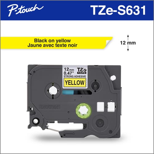 Brother TZe-S631 Ruban adhésif très résistant jaune avec texte noir authentique pour étiqueteuses P-touch, 12 mm de largeur x 8 m de longueur