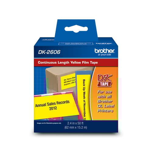 Brother DK2606 Ruban de pellicule continue jaune avec texte noir - 2,4 po x 50 pi (62 mm x 15,2 m)