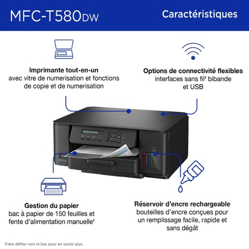 Brother MFC-T580DW Imprimante tout-en-un à jet d’encre couleur sans fil INKvestment Tank assortie de 3 ans d’encre