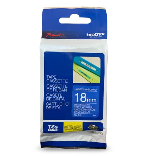 Brother TZe545 Ruban laminé bleu avec texte blanc authentique pour étiqueteuses P-touch, 18 mm de largeur x 8 m de longueur