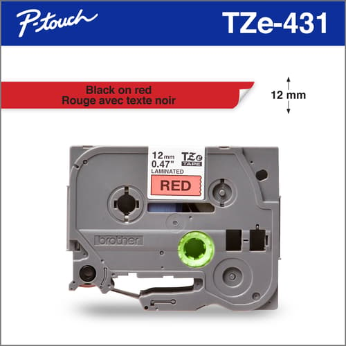 Brother TZe431 Ruban laminé rouge avec texte noir authentique pour étiqueteuses P-touch, 12 mm de largeur x 8 m de longueur