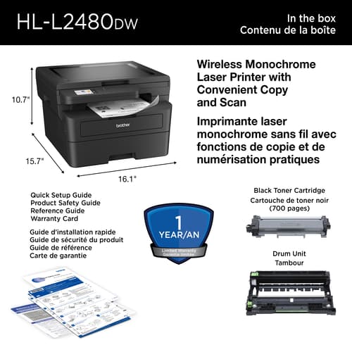 Brother HL-L2480DW Imprimante multifonction laser monochrome compacte compatible avec Refresh, avec impression, copie et numérisation mobiles et cartouche de 700 pages