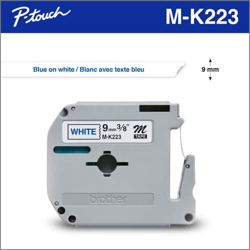 Brother MK223 Ruban non laminé blanc avec texte bleu authentique pour étiqueteuses P-touch, 9 mm de largeur x 8 m de longueur