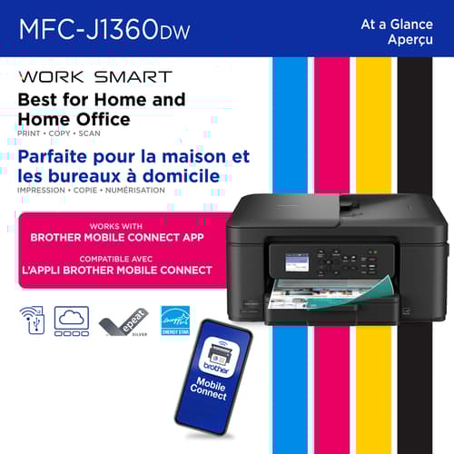 Brother MFC-J1360DW Imprimante tout-en-un à jet d’encre couleur sans fil Work Smart avec impression recto verso automatique et écran couleur de 1,8 po