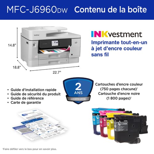 Brother MFC-J6960DW Imprimante tout-en-un à jet d’encre couleur sans fil INKvestment avec impression au format 11 po x 17 po et écran tactile couleur de 3,5 po