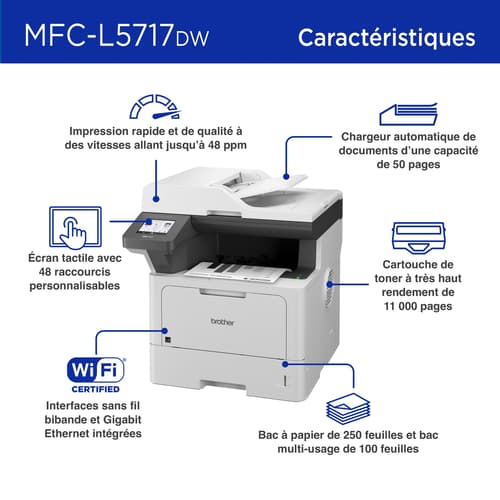 Brother MFC-L5717DW Imprimante tout-en-un laser monochrome professionnelle avec réseautage sans fil et impression, numérisation et copie recto verso