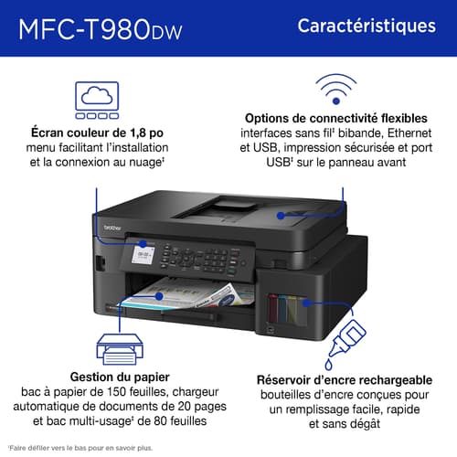 Brother MFC-T980DW Imprimante tout-en-un à jet d’encre couleur sans fil et Ethernet INKvestment Tank avec bac multi-usage