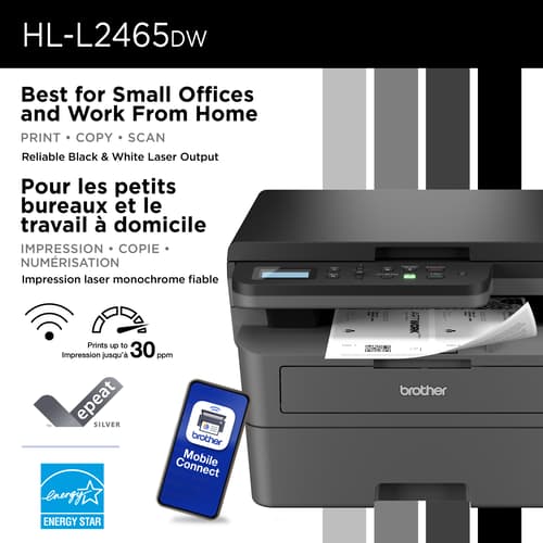 Brother HL-L2465DW Imprimante multifonction laser monochrome sans fil compacte compatible avec l’Abonnement Refresh