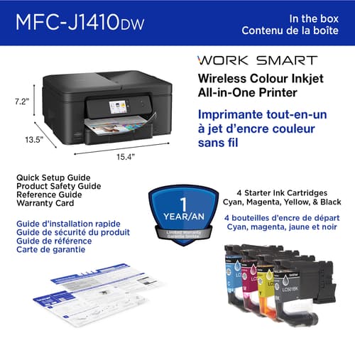 Brother MFC-J1410DW Imprimante tout-en-un à jet d’encre couleur sans fil Work Smart avec écran couleur de 2,7 po et impression recto verso automatique