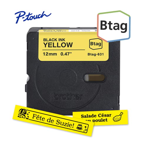 Brother BTAG631 Ruban non laminé jaune avec texte noir authentique pour étiqueteuse P-touch, 12 mm (L) x 4 m (l)