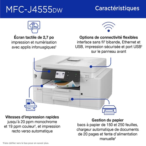 Brother MFC-J4555DW Imprimante tout-en-un à jet d’encre couleur sans fil INKvestment Tank avec écran couleur de 2,7 po et bacs à papier