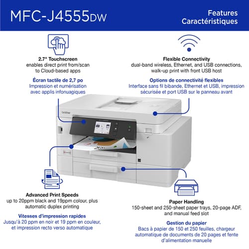 Brother MFC-J4555DW Imprimante tout-en-un à jet d’encre couleur sans fil INKvestment Tank avec écran couleur de 2,7 po et bacs à papier