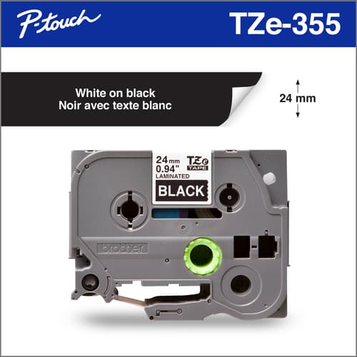 Brother TZe355 Ruban laminé noir avec texte blanc authentique pour étiqueteuses P-touch, 24 mm de largeur x 8 m de longueur