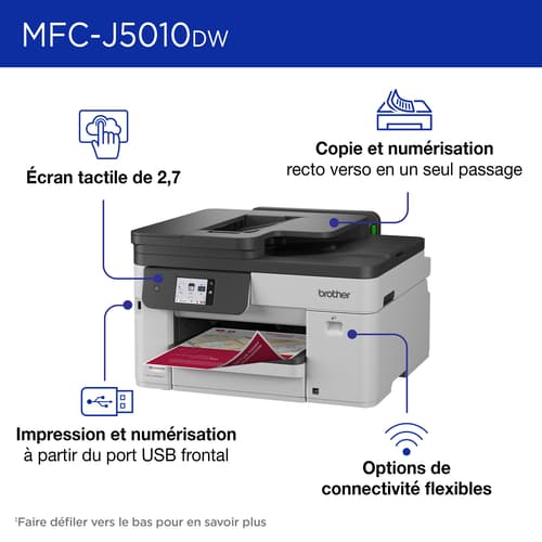 Brother MFC-J5010DW Imprimante tout-en-un à jet d’encre couleur sans fil INKvestment avec impression et numérisation recto verso et écran tactile couleur de 2,7 po