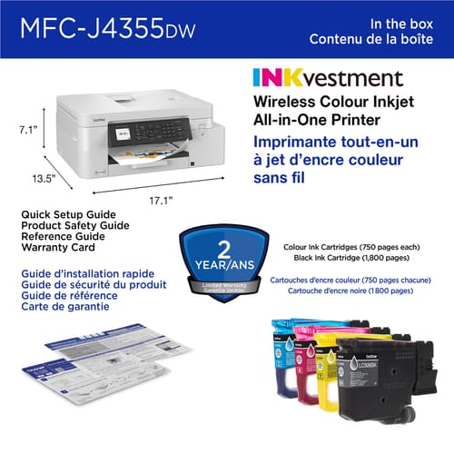 Brother MFC-J4355DW Imprimante tout-en-un à jet d’encre couleur sans fil INKvestment avec écran couleur de 1,8 po et fente d’alimentation manuelle