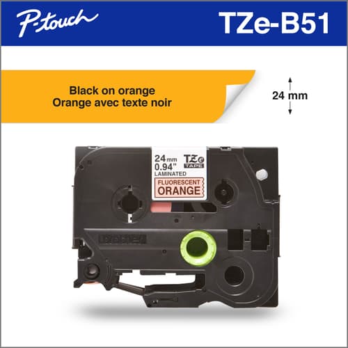 Brother TZeB51 Ruban laminé orange fluo avec texte noir authentique pour étiqueteuses P-touch, 24 mm de largeur x 8 m de longueur