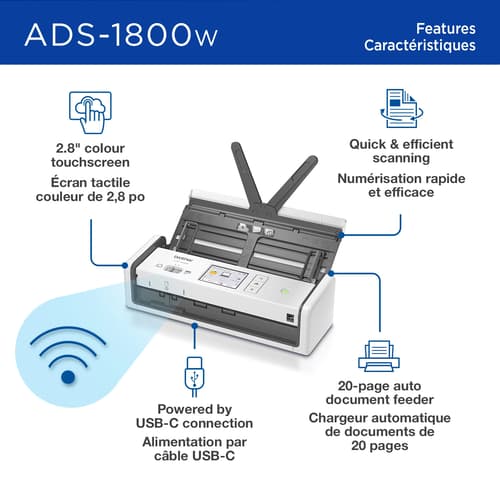 Brother ADS-1800W Scanner de bureau compact sans fil avec écran tactile couleur