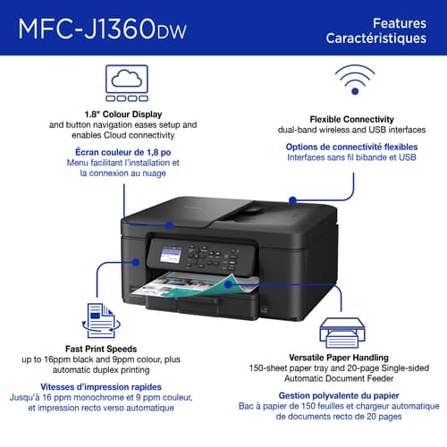 Brother MFC-J1360DW Imprimante tout-en-un à jet d’encre couleur sans fil Work Smart avec impression recto verso automatique et écran couleur de 1,8 po