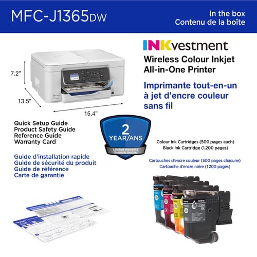 Brother MFC-J1365DW Imprimante tout-en-un à jet d’encre couleur sans fil INKvestment avec impression recto verso automatique et écran couleur de 1,8 po