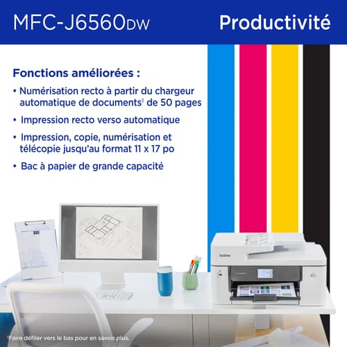 Brother MFC-J6560DW Imprimante tout-en-un à jet d’encre couleur sans fil INKvestment avec impression au format 11 po x 17 po et écran tactile couleur de 2,7 po
