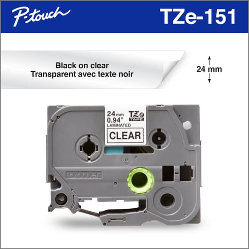Brother TZe151 Ruban laminé transparent avec texte noir authentique pour étiqueteuses P-touch, 24 mm de largeur x 8 m de longueur