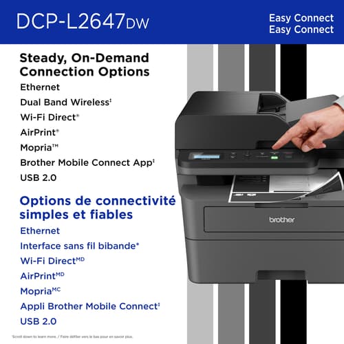 Brother DCP-L2647DW Imprimante multifonction laser monochrome compacte sans fil avec fonctions d’impression, de copie et de numérisation recto verso et impression à partir d’appareils mobiles