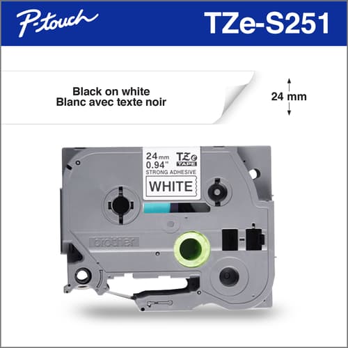 Brother TZe-S251 Ruban adhésif très résistant blanc avec texte noir authentique pour étiqueteuses P-touch, 24 mm de largeur x 8 m de longueur