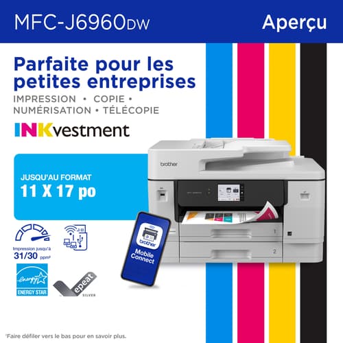 Brother MFC-J6960DW Imprimante tout-en-un à jet d’encre couleur sans fil INKvestment avec impression au format 11 po x 17 po et écran tactile couleur de 3,5 po