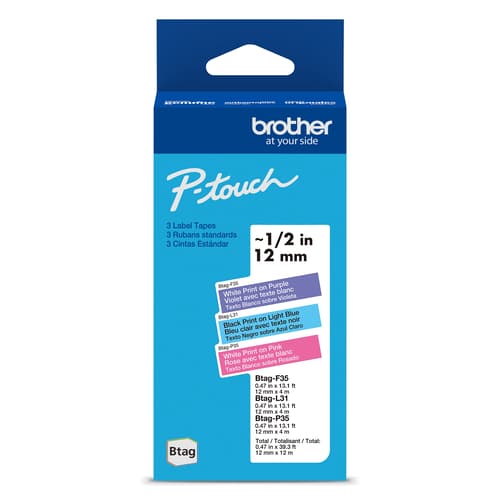 Brother BTAG3M02 Rubans non laminés couleur authentiques (paquet de 3) pour étiqueteuse P-touch, 12 mm (L) x 4 m (l)