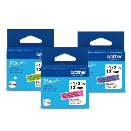Ensemble de 3 rubans non laminés de la série BTAG pour étiqueteuses P-Touch authentique de Brother de la collection Plaisirs sucrés (rose avec texte noir, vert pâle avec texte noir, violet avec texte noir), 12 mm (L) x 4 m de (l)