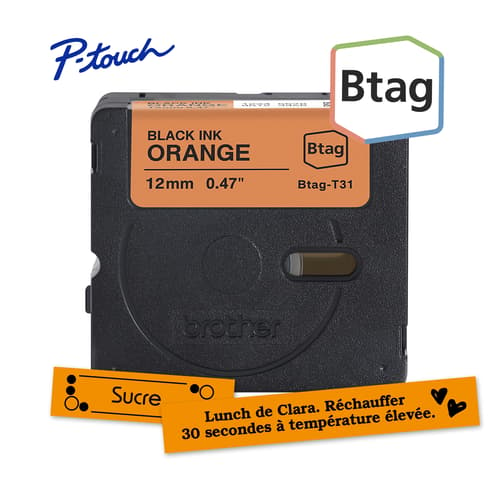 Brother BTAGT31 Ruban non laminé orange avec texte noir authentique pour étiqueteuse P-touch, 12 mm (L) x 4 m (l)