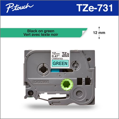Brother TZe731 Ruban laminé vert avec texte noir authentique pour étiqueteuses P-touch, 12 mm de largeur x 8 m de longueur
