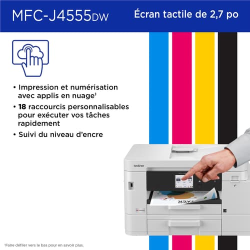 Brother MFC-J4555DW Imprimante tout-en-un à jet d’encre couleur sans fil INKvestment Tank avec écran couleur de 2,7 po et bacs à papier