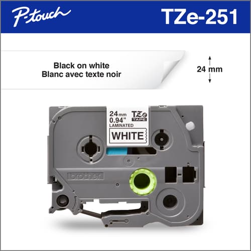 Brother TZe251 Ruban laminé blanc avec texte noir authentique pour étiqueteuses P-touch, 24 mm de largeur x 8 m de longueur