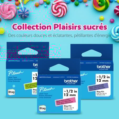 Ensemble de 3 rubans non laminés de la série BTAG pour étiqueteuses P-Touch authentique de Brother de la collection Plaisirs sucrés (rose avec texte noir, vert pâle avec texte noir, violet avec texte noir), 12 mm (L) x 4 m de (l)