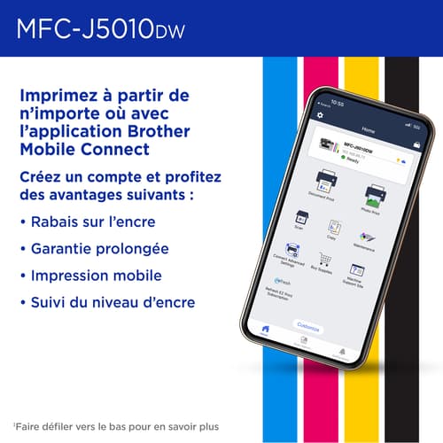 Brother MFC-J5010DW Imprimante tout-en-un à jet d’encre couleur sans fil INKvestment avec impression et numérisation recto verso et écran tactile couleur de 2,7 po