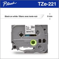Brother TZe221 Ruban laminé blanc avec texte noir authentique pour étiqueteuses P-touch, 9 mm de largeur x 8 m de longueur