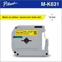Ruban non laminé jaune avec texte noir MK631 12 mm authentique de Brother pour étiqueteuses P-touch