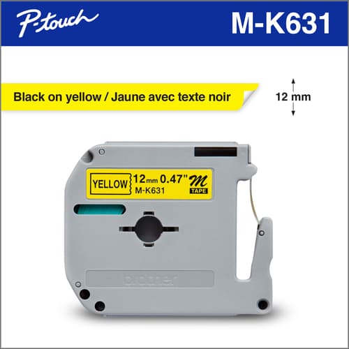 Brother MK631 Ruban non laminé jaune avec texte noir authentique pour étiqueteuses P-touch, 12 mm de largeur x 8 m de longueur
