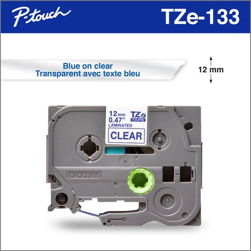 Brother TZe133 Ruban laminé transparent avec texte bleu authentique pour étiqueteuses P-touch, 12 mm de largeur x 8 m de longueur