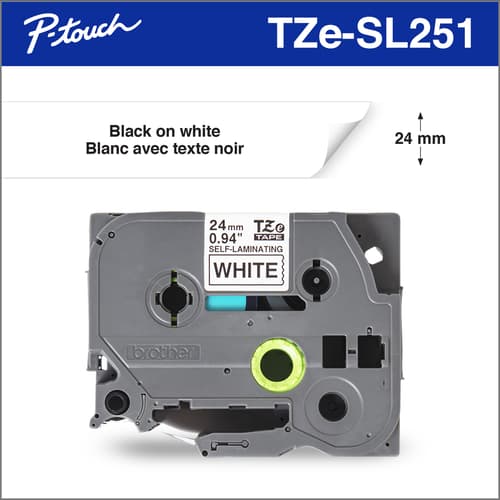 Brother TZeSL251 Ruban autocollant blanc avec texte noir authentique pour étiqueteuses P-touch, 24 mm de largeur x 8 m de longueur