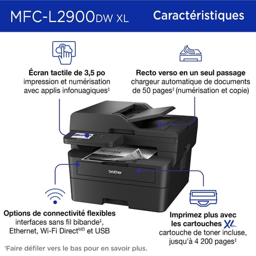 Brother MFC-L2900DWXL Imprimante tout-en-un laser monochrome sans fil compacte avec fonctions de copie, de numérisation et de télécopie recto verso en un seul passage, impression mobile et cartouche de toner de 4200 pages(1) incluse